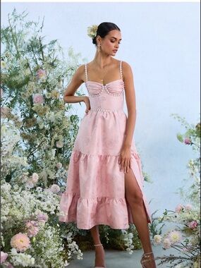 V. Chapman Blush Pink Tiered Midi Dress with Pearl Straps